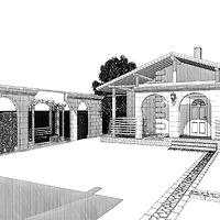 Вид на проектируемую в глубине двора баню с комнатой и кухней.